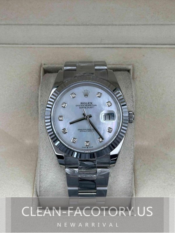 Clean Factory Rolex Datejust 41mm Oyster Mother of Pearl Dial, Diamond, White Gold Fluted Bezel, 904L Steel, Best Edition 3235 Movement