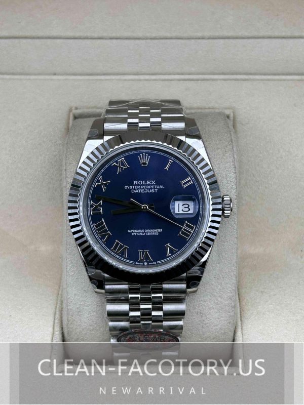 Clean Factory Rolex Datejust 41mm Jubilee Blue Dial Roman Markers, White Gold Fluted Bezel, 904L Steel, Best Edition 3235 Movement