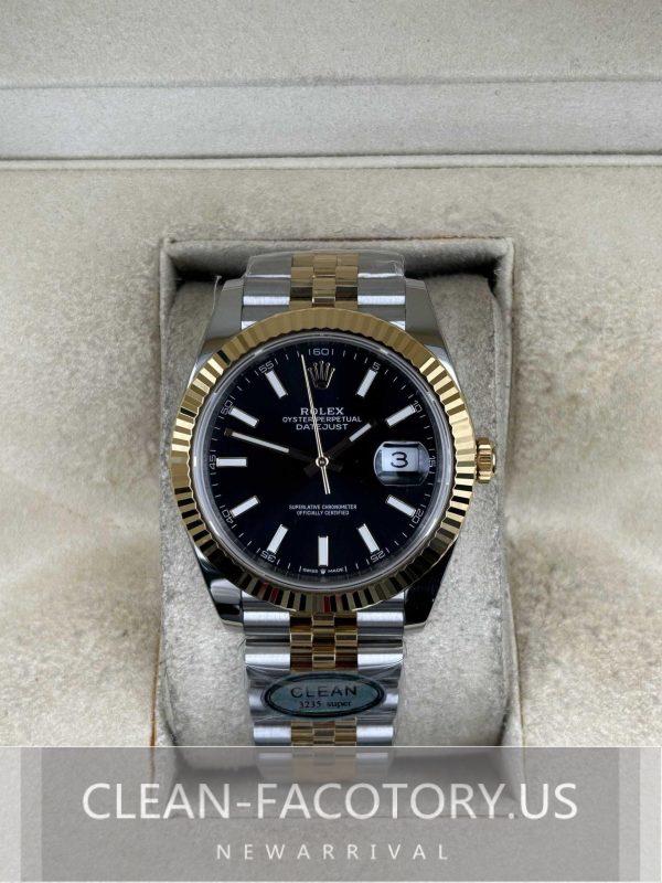 Clean Factory Rolex Datejust 41mm 126333Jubilee Two-Tone, Black Dial, Gold Fluted Bezel, 18K Gold wrapped 904L Steel, Best Edition 3235 Movement