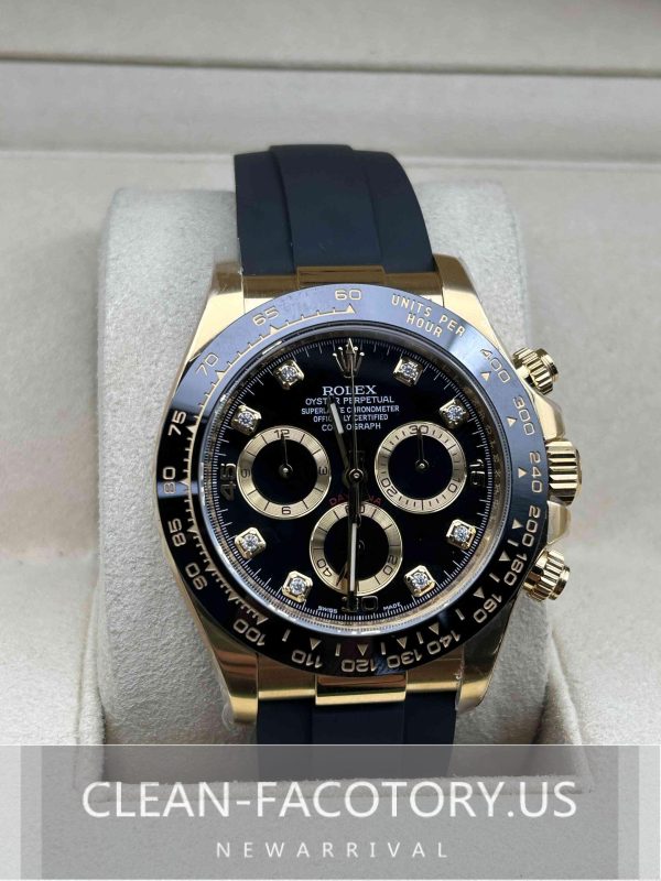 Clean Factory Rolex Daytona 116518LN Gold Diamond Black Panda Dial, Rubber Strap, Cerachrom Bezel, Gold wrapped 904L Steel, Best Edition 4130 Movement