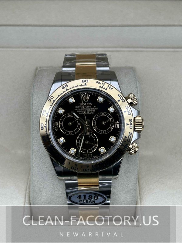 Clean Factory Rolex Daytona 116503 Black Diamond Dial, 2tone 18k Gold wrapped 904L Steel, Best Edition 4130 Movement