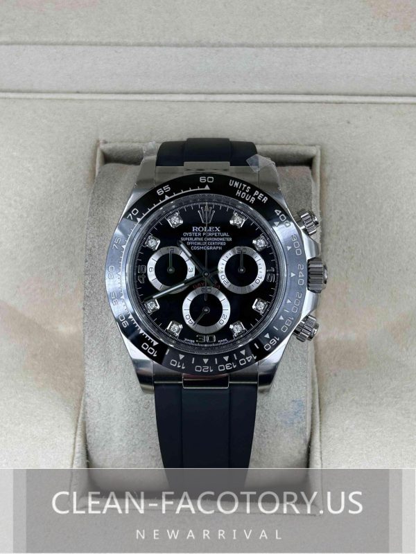 Clean Factory Rolex Daytona 116519LN Diamond Black Panda Dial, Rubber Strap, Cerachrom Bezel, 904L Steel, Best Edition 4130 Movement