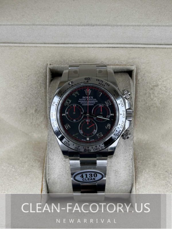 Clean Factory Rolex Daytona 116509  Black Dial, Red Hands Arabic Markers, White Gold Bezel, 904L Steel, Best Edition 4130 Movement