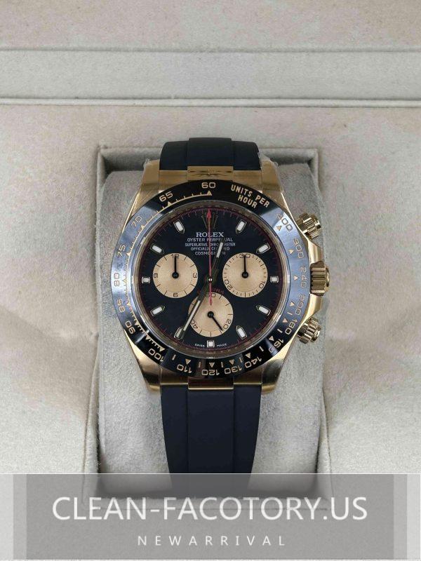 Clean Factory Rolex Daytona 116518LN Black Dial, Red Chronograph Hand, Rubber Strap, Cerachrom Bezel, Yellow Gold wrapped 904L Steel, Best Edition 4130 Movement