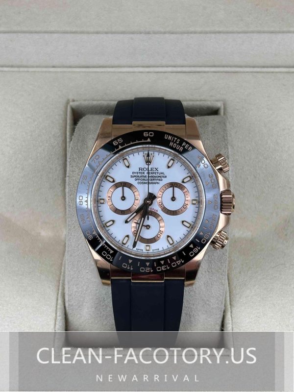 Clean Factory Rolex Daytona 116515LN Rose Gold White Dial,  Rubber Strap, 18k RoseGold wrapped 904L Steel, Best Edition 4130 Movement