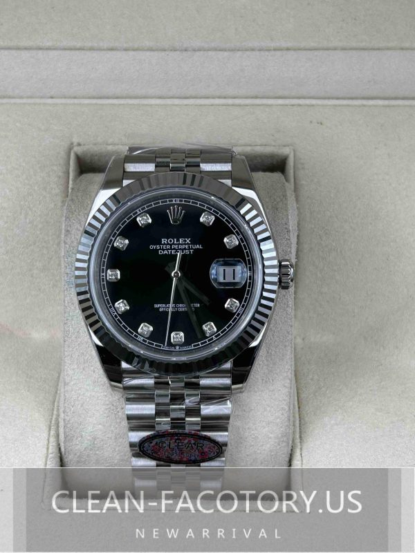 Clean Factory Rolex Datejust 41mm Jubilee Black Dial with Diamonds, White Gold Fluted Bezel, 904L Steel, Best Edition 3235 Movement