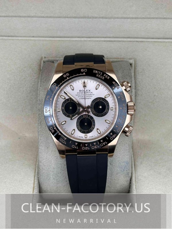 Clean Factory Rolex Daytona 116515LN Rose Gold Panda Dial,  Rubber Strap, 18k RoseGold wrapped 904L Steel, Best Edition 4130 Movement