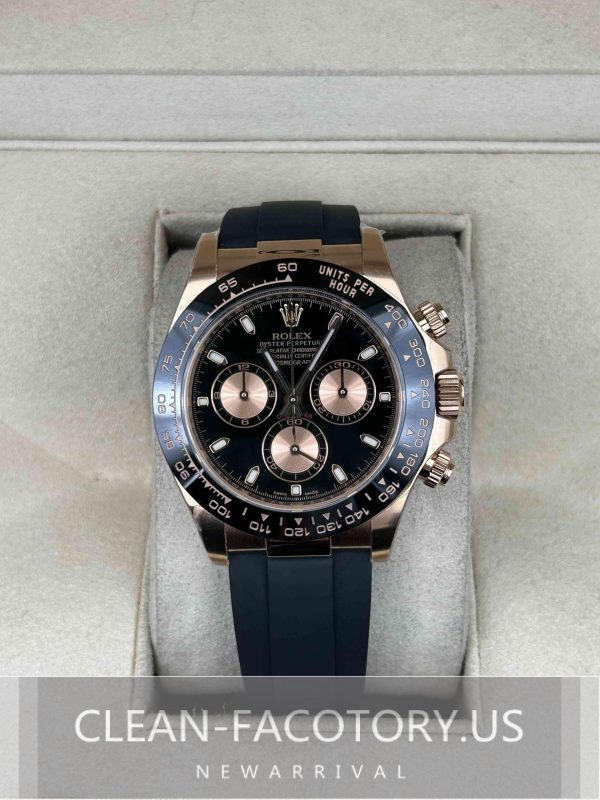 Clean Factory Rolex Daytona 116518LN RoseGold Black Panda Dial, Rubber Strap, Cerachrom Bezel, Rose Gold wrapped 904L Steel, Best Edition 4130 Movement