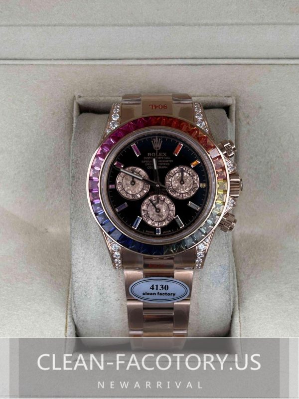 Clean Factory Rolex Daytona 116595 RBOW Rose Gold Black Dial,  Diamond & Sapphire Bezel, 18k RoseGold wrapped 904L Steel, Best Edition 4130 Movement