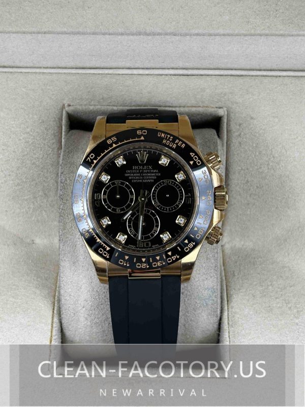 Clean Factory Rolex Daytona 116518LN Gold Diamond Black Dial, Rubber Strap, Cerachrom Bezel, Gold wrapped 904L Steel, Best Edition 4130 Movement