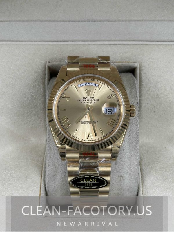 Clean Factory Rolex Day-Date 40mm 228238  President , Gold Dial, Gold Fluted Bezel, 18K Gold wrapped 904L Steel, Best Edition 3255 Movement