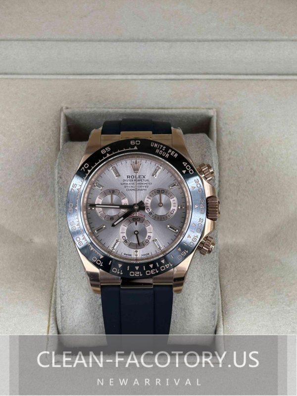 Clean Factory Rolex Daytona 116515LN Rose Gold Baguette Diamond Dial,  Rubber Strap, 18k RoseGold wrapped 904L Steel, Best Edition 4130 Movement