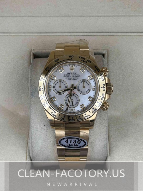 Clean Factory Rolex Daytona 116508 Gold Mother of Pearl Dial, Diamond Makers, Gold  wrapped 904L Steel, Best Edition 4130 Movement