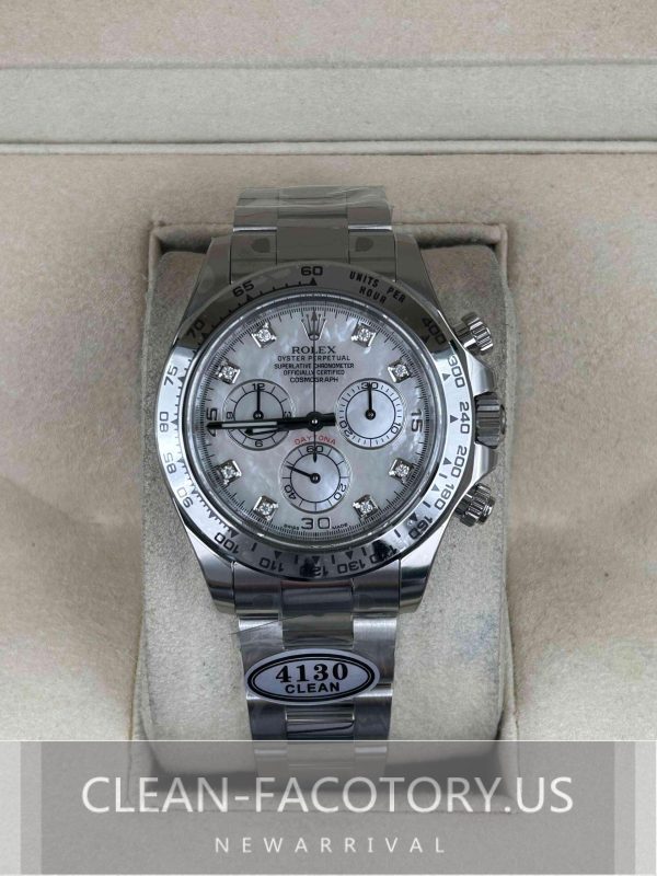 Clean Factory Rolex Daytona 116509 Mother of Pearl Dial, Diamond Makers,White Gold Bezel,  904L Steel, Best Edition 4130 Movement