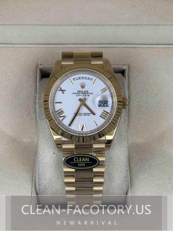Clean Factory Rolex Day-Date 40mm 228238  President , White Dial, Gold Fluted Bezel, 18K Gold wrapped 904L Steel, Best Edition 3255 Movement