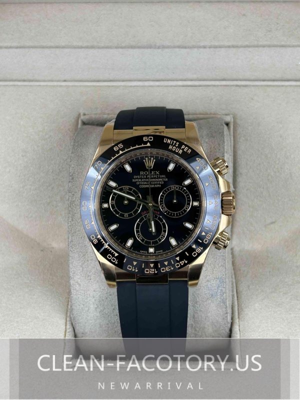 Clean Factory Rolex Daytona 116518LN Gold Black Dial, Rubber Strap, Cerachrom Bezel, Yellow Gold wrapped 904L Steel, Best Edition 4130 Movement