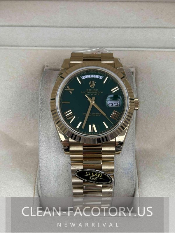 Clean Factory Rolex Day-Date 40mm 228238  President , Green Dial, Gold Fluted Bezel, 18K Gold wrapped 904L Steel, Best Edition 3255 Movement
