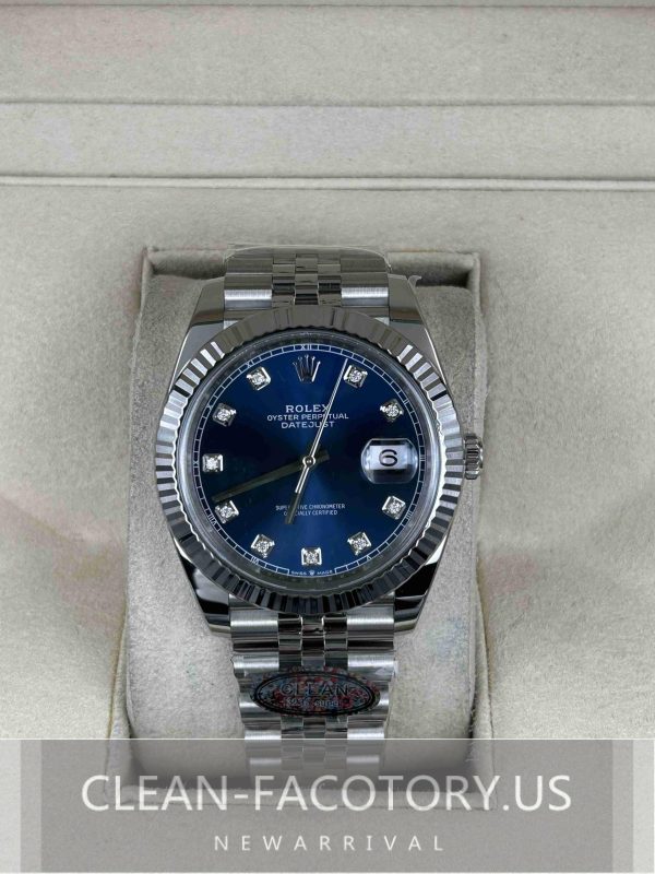 Clean Factory Rolex Datejust 41mm Jubilee Blue Dial with Diamonds, White Gold Fluted Bezel, 904L Steel, Best Edition 3235 Movement