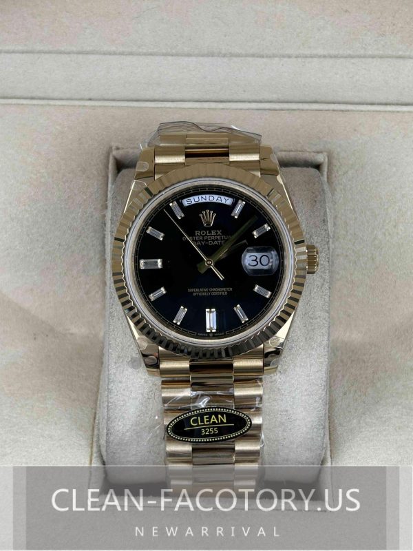 Clean Factory Rolex Day-Date 40mm 228238  President , Black Dial with Baguette Diamonds, Gold Fluted Bezel, 18K Gold wrapped 904L Steel, Best Edition 3255 Movement