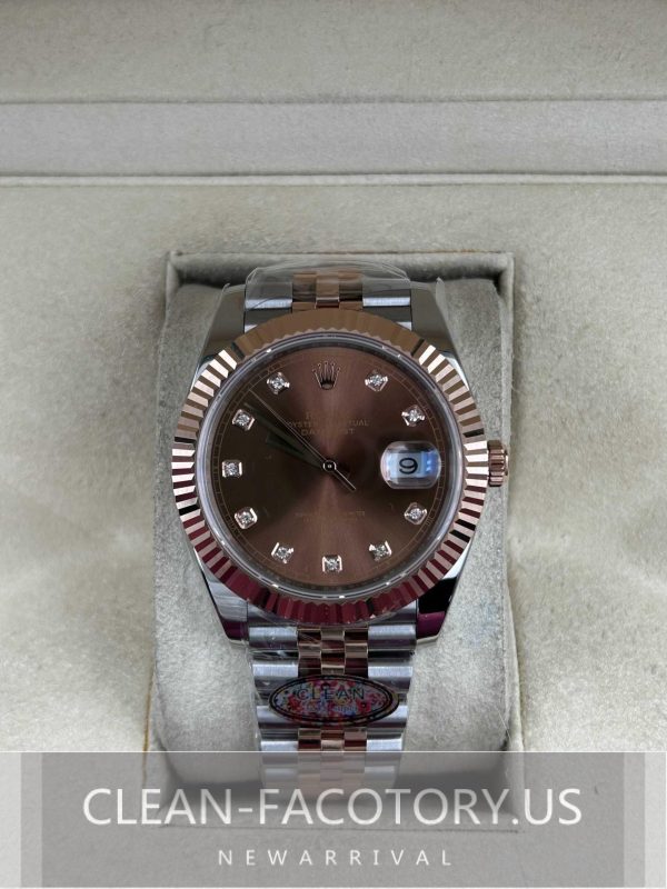 Clean Factory Rolex Datejust 41mm 126331Jubilee Two-Tone, Chocolate Diamond Dial, Gold Fluted Bezel, 18K Rose Gold wrapped 904L Steel, Best Edition 3235 Movement