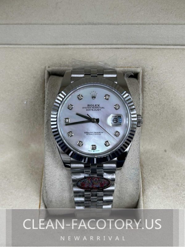 Clean Factory Rolex Datejust 41mm Jubilee Mother of Pearl Dial, Diamond, White Gold Fluted Bezel, 904L Steel, Best Edition 3235 Movement