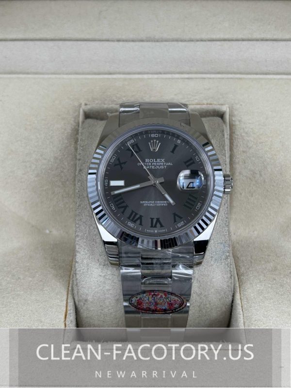 Clean Factory Rolex Datejust 41mm Oyster Slate Grey Wimbledon Dial, White Gold Fluted Bezel, 904L Steel, Best Edition 3235 Movement