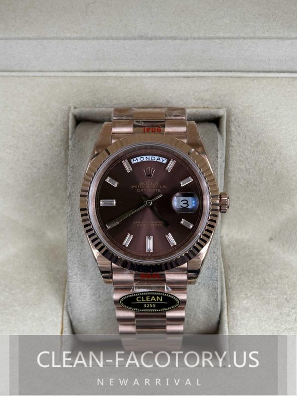 Clean Factory Rolex Day-Date 40mm 228235  President , Chocolate Dial with Baguette Diamonds, Rose Gold Fluted Bezel, 18K RoseGold wrapped 904L Steel, Best Edition 3255 Movement