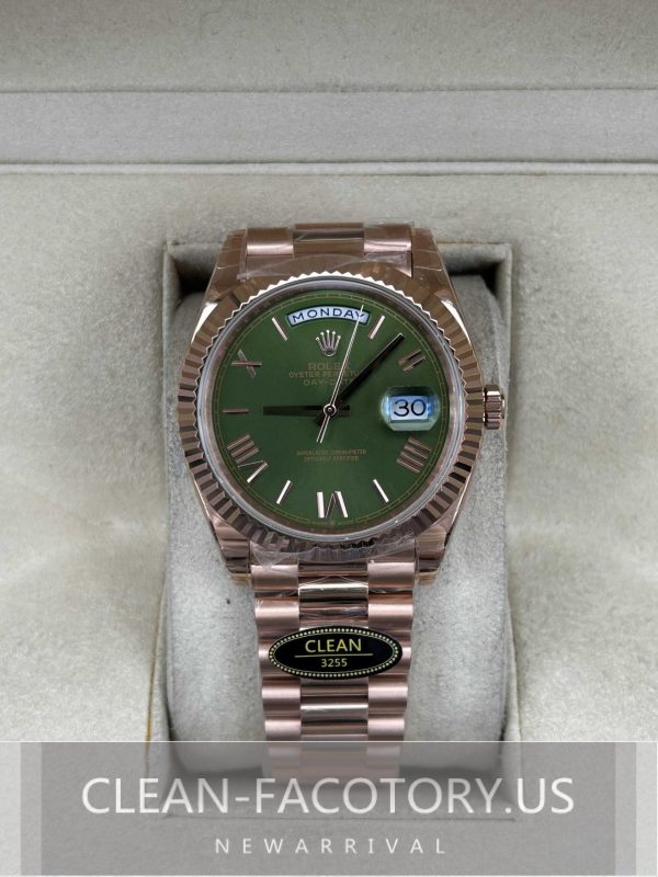 Clean Factory Rolex Day-Date 40mm 228235  President , Olive Green Dial, Rose Gold Fluted Bezel, 18K Rose Gold wrapped 904L Steel, Best Edition 3255 Movement