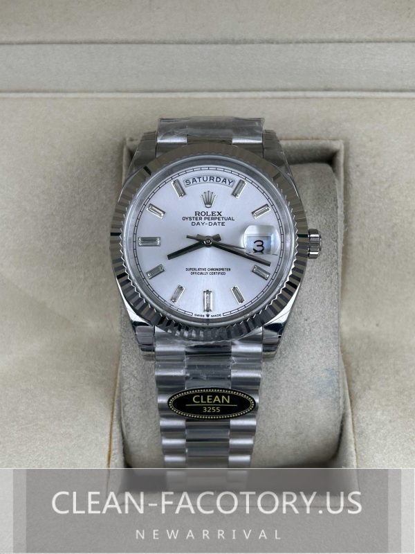 Clean Factory Rolex Day-Date 40mm 228239  President , Silver Dial with Baguette Diamonds, Platinum Fluted Bezel, 18K Gold wrapped 904L Steel, Best Edition 3255 Movement