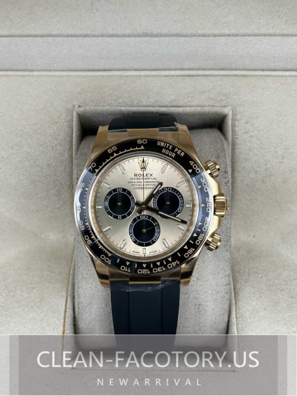 Clean Factory Rolex Daytona 126518LN Champagne Panda Dial"Pikachu", Rubber Strap, Cerachrom Bezel, Yellow Gold wrapped 904L Steel, Best Edition 4131 Movement
