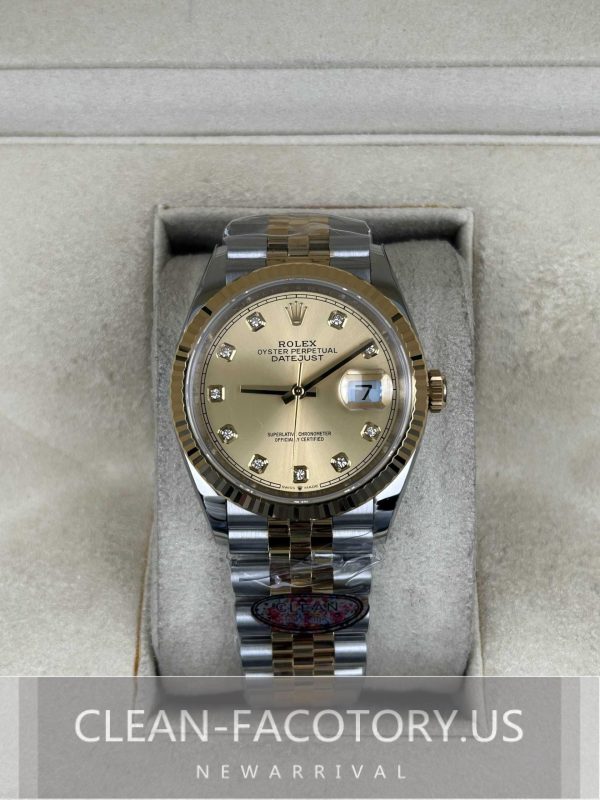 Clean Factory Rolex Datejust 36mm 126233Jubilee Two-Tone, Gold Diamond Dial, Gold Fluted Bezel, Gold wrapped 904L Steel, Best Edition 3235 Movement