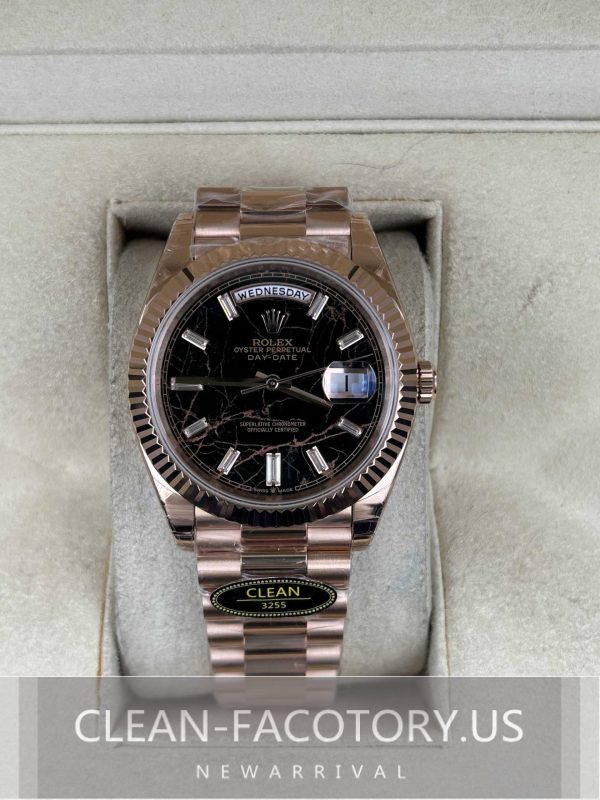 Clean Factory Rolex Day-Date 40mm 228235  President , Eisenkiesel Dial with Baguette Diamonds, Rose Gold Fluted Bezel, 18K RoseGold wrapped 904L Steel, Best Edition 3255 Movement