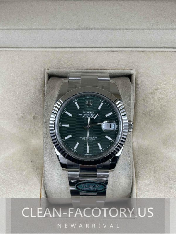Clean Factory Rolex Datejust 41mm Oyster Green Fluted-motif Dial, White Gold Fluted Bezel, 904L Steel, Best Edition 3235 Movement