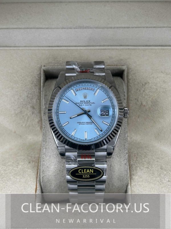 Clean Factory Rolex Day-Date 40mm 228236 President Iceblue Dial, Platinum wrapped Fluted Bezel, 904L Steel, Best Edition 3255 Movement