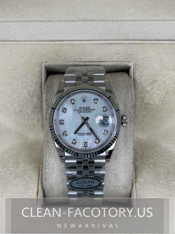 Clean Factory Rolex Datejust 36mm Jubilee Mother of Pearl Dial, Diamond, White Gold Fluted Bezel, 904L Steel, Best Edition 3235 Movement