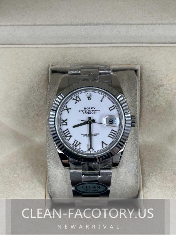 Clean Factory Rolex Datejust 41mm Oyster White Dial Roman Markers, White Gold Fluted Bezel, 904L Steel, Best Edition 3235 Movement