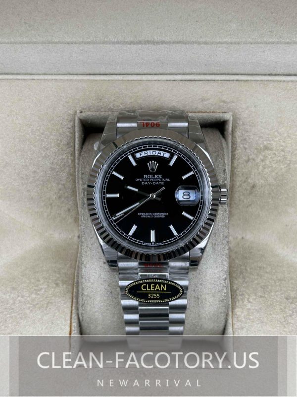 Clean Factory Rolex Day-Date 40mm 228239 President Black Dial, Platinum wrapped Fluted Bezel, 904L Steel, Best Edition 3255 Movement