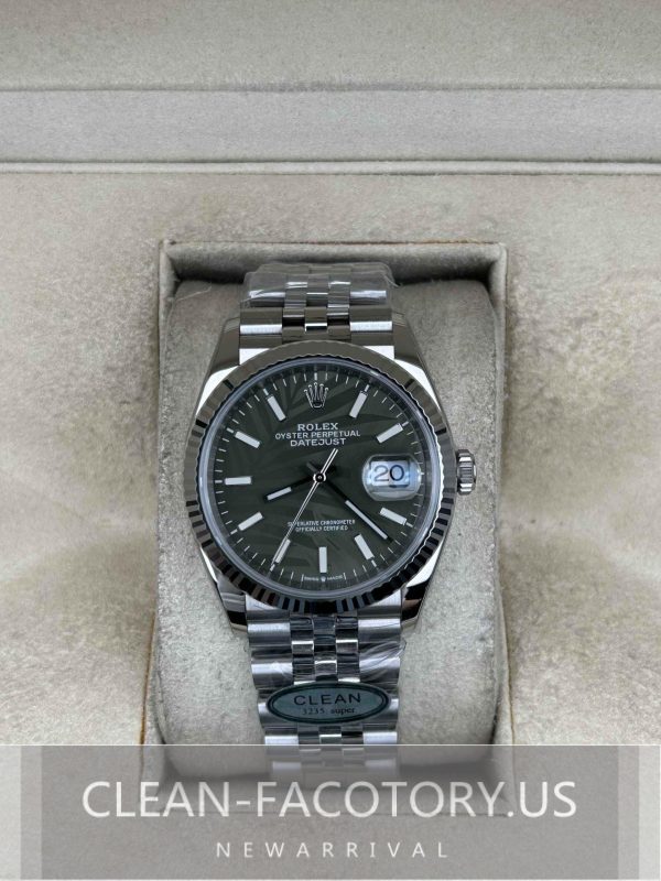 Clean Factory Rolex Datejust 36mm 126234Jubilee Olive Green Palm Motif Dial, White Gold Fluted Bezel, 904L Steel, Best Edition 3235 Movement