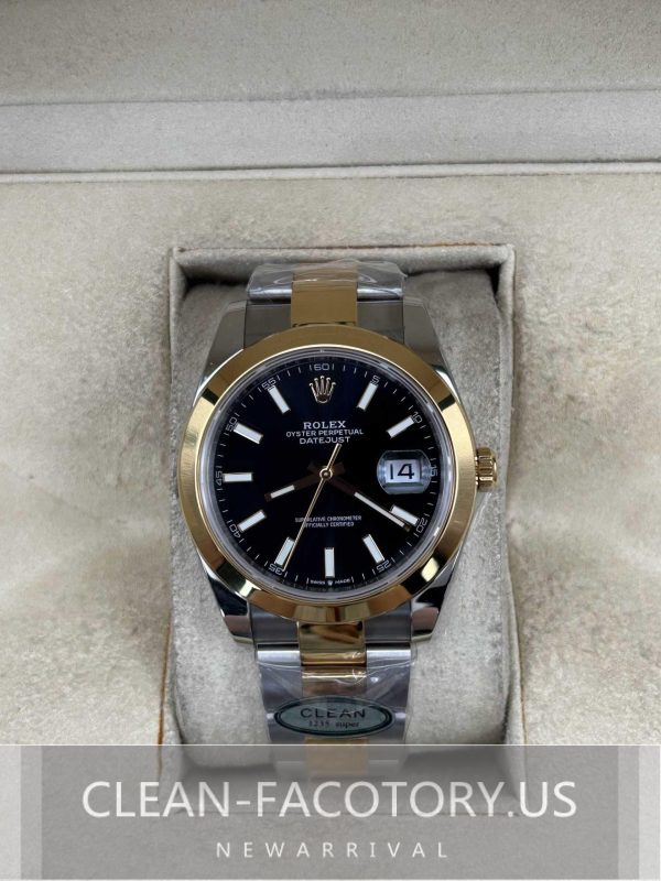Clean Factory Rolex Datejust 41mm 126303Oyster Two-Tone YellowGold, Black Dial, Gold Smooth Bezel, Gold wrapped 904L Steel, Best Edition 3235 Movement