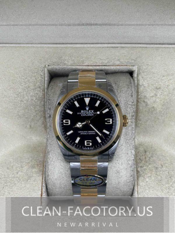 Clean Factory Rolex EXPLORER I  124273 36mm Oyster Two-Tone YellowGold Black Dial, 904L Steel, Best Edition 3230 Movement