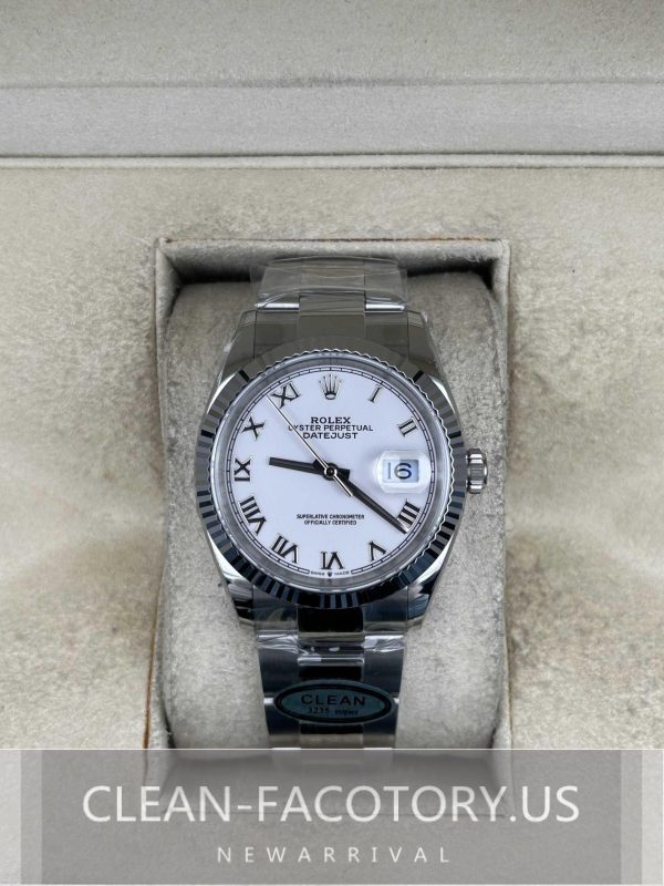 Clean Factory Rolex Datejust 36mmOyster White Dial Roman Markers, White Gold Fluted Bezel, 904L Steel, Best Edition 3235 Movement