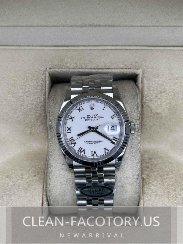 Clean Factory Rolex Datejust 36mm Jubilee White Dial Roman Markers, White Gold Fluted Bezel, 904L Steel, Best Edition 3235 Movement