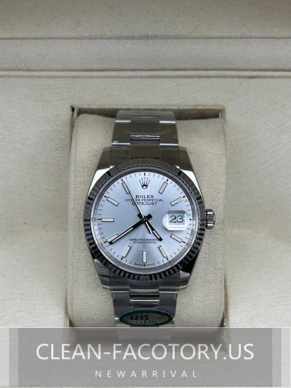 Clean Factory Rolex Datejust 36mm Oyster Silver Dial, White Gold Fluted Bezel, 904L Steel, Best Edition 3235 Movement
