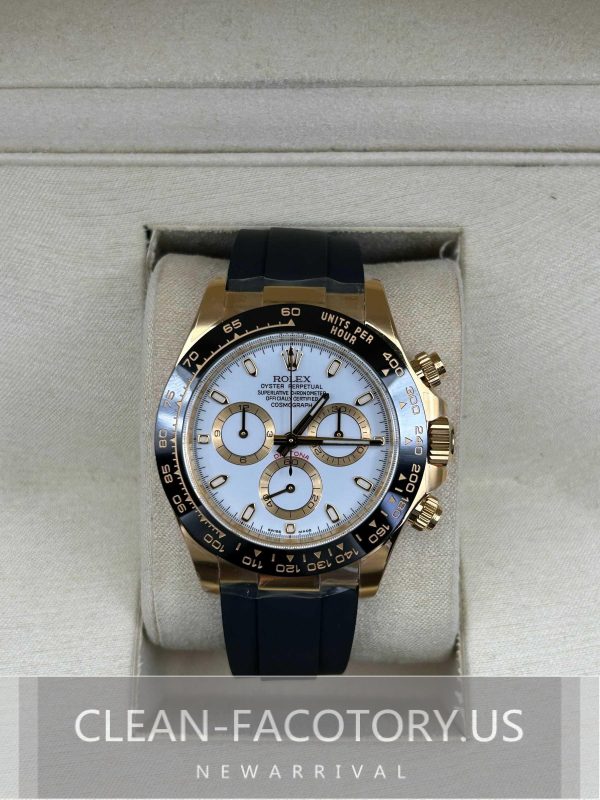 Clean Factory Rolex Daytona 116518LN Yellow Gold White Dial,  Rubber Strap, 18k Gold wrapped 904L Steel, Best Edition 4130 Movement