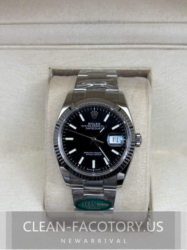 Clean Factory Rolex Datejust 36mm 126234 Oyster Black Dial, White Gold Fluted Bezel, 904L Steel, Best Edition 3235 Movement