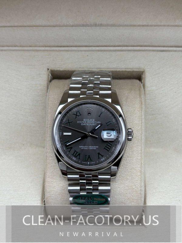 Clean Factory Rolex Datejust 126200 Jubilee 36mm Slate Grey Wimbledon Dial, Smooth Bezel, 904L Steel, Best Edition 3235 Movement