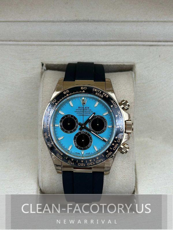 Clean Factory Rolex Daytona 126518LN Turquoise Blue Dial, Rubber Strap, Cerachrom Bezel, Yellow Gold wrapped 904L Steel, Best Edition 4131 Movement