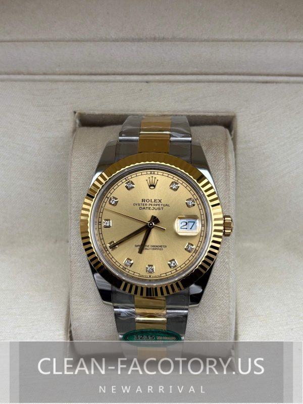 Clean Factory Rolex Datejust 41mm 126333Oyster Champagne Diamond Dial, Two-Tone 18K Gold wrapped 904L Steel, Gold Fluted Bezel, Best Edition 3235 Movement