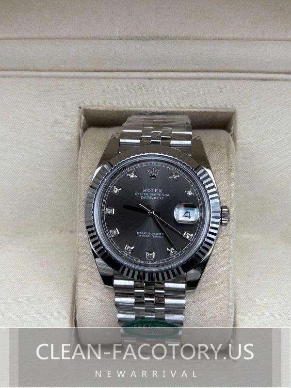 Clean Factory Rolex Datejust 41mm Jubilee Grey Dial with Diamonds, White Gold Fluted Bezel, 904L Steel, Best Edition 3235 Movement