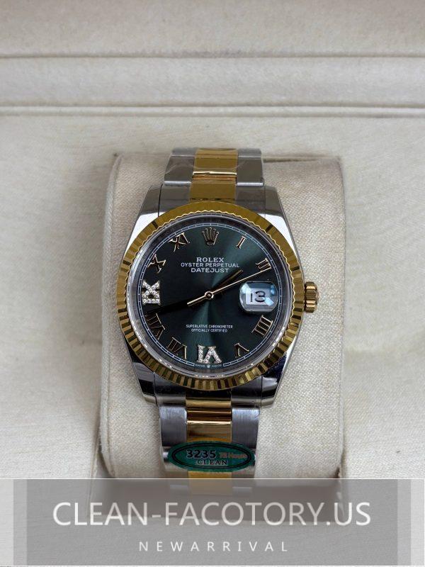 Clean Factory Rolex Datejust 36mm 126233Oyster Green Diamond Dial, Two-Tone 18K Gold wrapped 904L Steel, Gold Fluted Bezel, Best Edition 3235 Movement